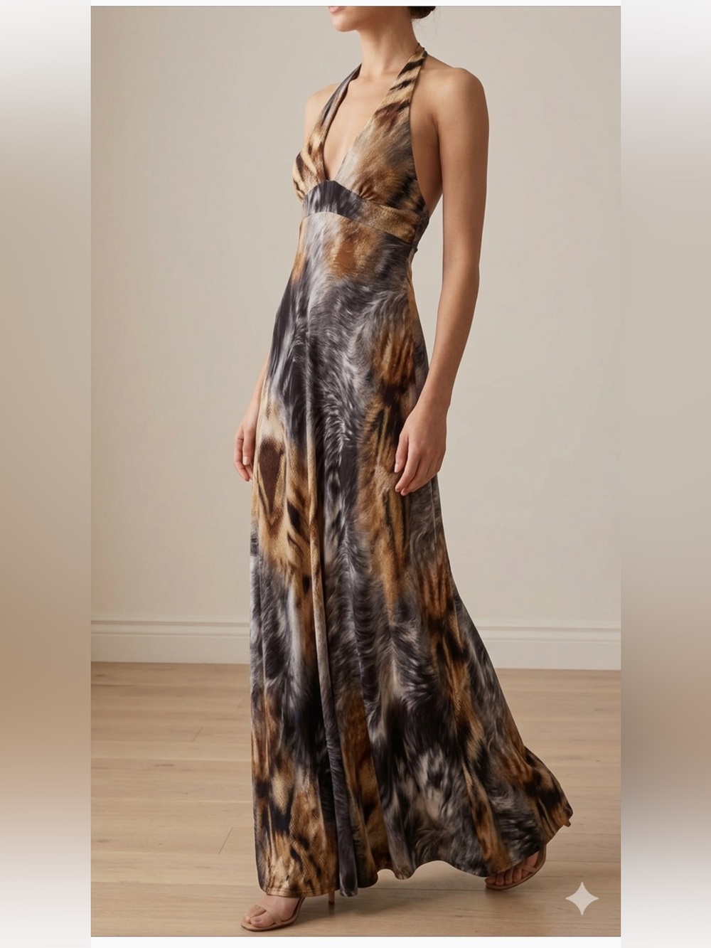 NWT Exotic Print Halter Maxi Dress Stretch Jersey Summer Wedding Vacation Small
